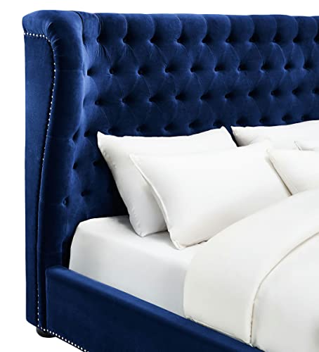 Tov Furniture The Finley Collection Contemporary Style Velvet Upholstered Button Tufted Wingback Bed With Nailhead Trim, King Size, Blue #TOP2