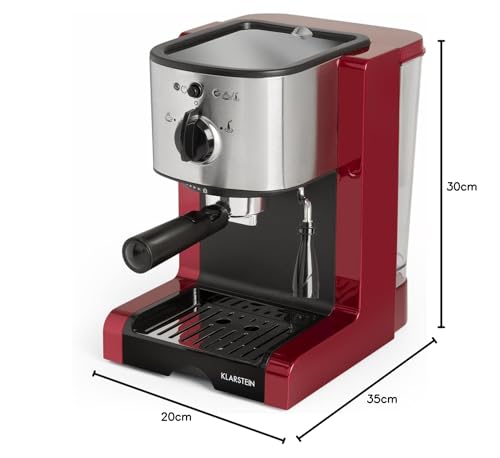 Klarstein Passionata - Máquina de café espresso (1,25 litros, portafiltros, con salida automática de presión, incluye boquilla de espuma de leche para preparación de capuchino, 15 bares), color rojo