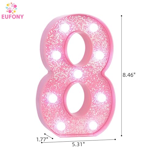 Image of Pink Light Up Marquee Numbers, Glitter LED Number Lights Signs Battery Operated for Girls 8th 18th 28th Pink Birthday Party Table Decorations, 8 Inch Tall Number 8 with Cool White Lights