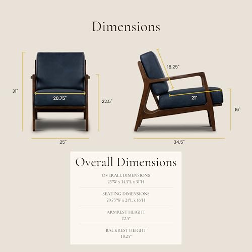 Image of Poly & BARK Verity Leather Accent Chair - Armchair with Walnut Wood Frame - Fashion-Forward Lounge Seating for Living Room - Upholstered in Midnight Blue Leather for Modern Style