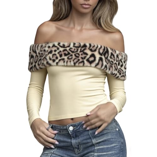 GUXMO Women Sexy Off The Shoulder Tops Leopard Print Faux Fur Patchwork Long Sleeve Crop Tops Blouses