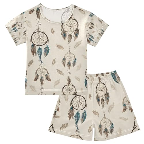 senya Feather Dreamcatcher Brown Summer Pajamas Set Short Cotton Sleepwear 2 Piece