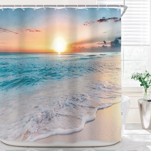 Riyidecor Beach Sunset Shower Curtain – Tropical Palm Tree Ocean Design, Waterproof Polyester, 72x72 Inches With Hooks - View #9