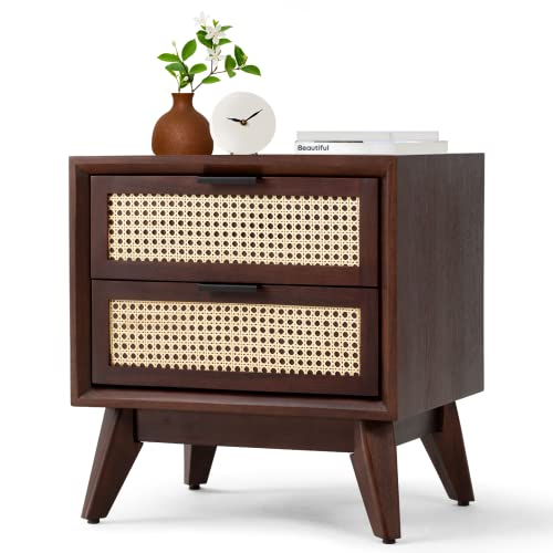 Bme Jasper Deluxe Solid Wood Rattan Nightstand Fully Assembled - Mid Century Modern Side Table, Nightstands With 2 Drawers - Multipurpose Use For Living Room, Bedroom - Walnut #TOP6