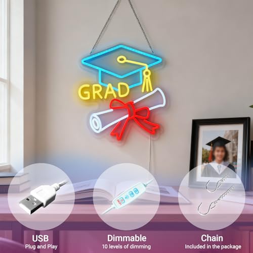 Image of Congrats Grad Neon Sign - 4-Color Graduation Decorations 2026, 10-Level Dimmable LED Wall Decor, USB Powered Gift for Graduate, 14.2 inchx13 inch