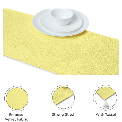 Image of Encasa XO 8 Seater Dining Embossed Velvet Table Runner | Size 32x240 cm | Pale Lime Color with Premium Polyester - Machine Washable