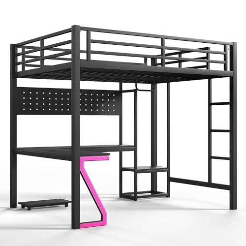 Image of Bellemave Full Size Loft Bed with Desk and USB Ports, Computer Tray, Peg Board LED, Metal Full Loft Bed Frame for Adults, Kids, Teens, Black