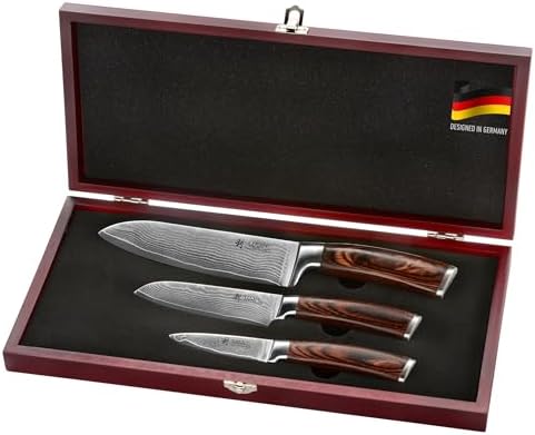 Wakoli EDIB 3-Piece Damascus Kitchen Knife Set in Wooden Gift Box...