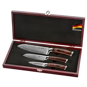 Wakoli EDIB 3-teiliges Küchenmesser Set aus echtem Damaststahl (VG10 Kern) in Geschenkbox aus Holz – Scharf & ergonomisch – Damastmesser Set mit Pakkaholzgriffen