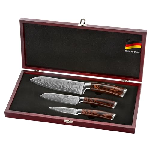 Produktfoto von Wakoli EDIB 3 teiliges Damastmesser Set in hölzerner Geschenkbox I Scharfes Messerset gefertigt aus 67 Lagen echtem…