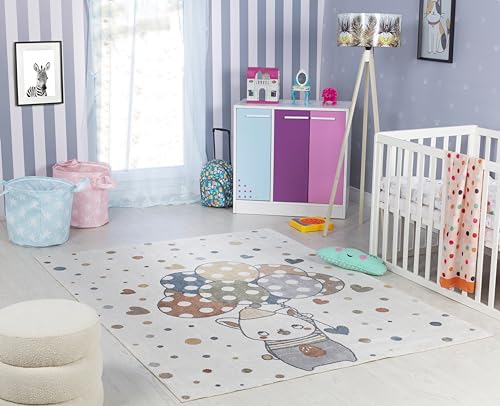 Livabliss Ballon Buddy Bear Washable Kids Rug, Bedroom – 120x170 cm, Cream