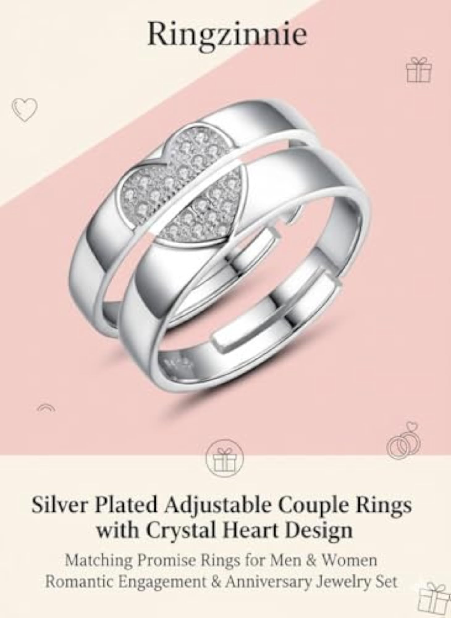 Couple's Adjustable Silver Plated Crystal Heart Rings