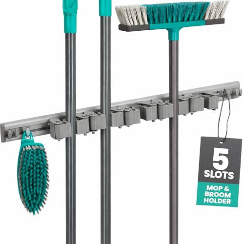 LIVIVO Mop and Broom Holder Wall Mounted - Heavy Duty Mop Holder with 5 Grippers and 6 Hooks for Bathroom Kitchen Garage Garden Tool Holder Organizer - Utility Room Brush and Broom Gripper - Grey