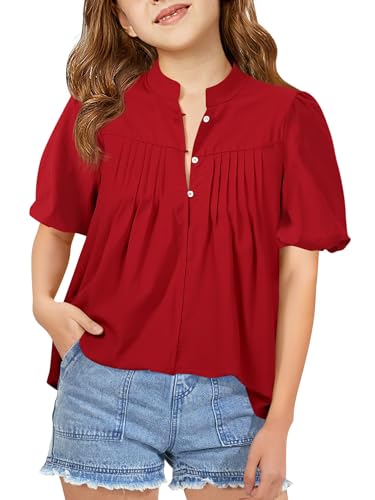 Lista de Blusas de Moda para Niña los más recomendados. 49 Haloumoning Camisas de manga corta abullonadas para niñas, blusas casuales plisadas con medio botón, blusas sueltas de verano, de 5 a 14 años, color rojo