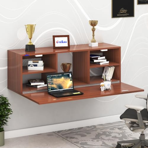 Image of Anikaa EduDesk Wall Mounted Foldable Study Table with Storage Shelves, Floating Wall Desk for Home Office, Laptop & Computer Desk, Engineered Wood, Space-Saving Fold-Down Workstation (DIY Assemble).
