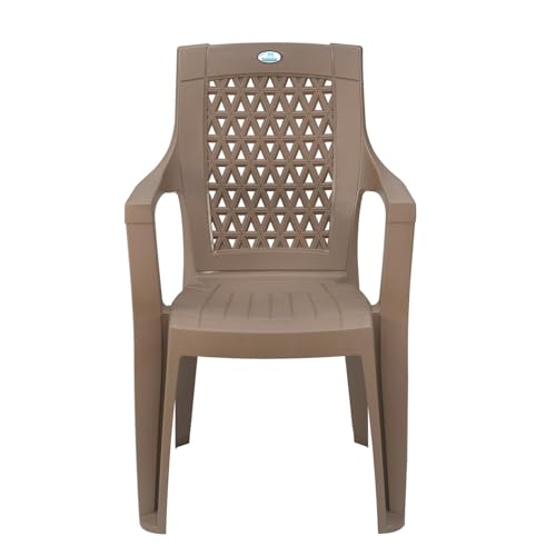 Image of Nilkamal Elevate Plastic Chair with Arm | Set of 4 | Stackable Chair | for Living Room, Bed Room, Kitchen, Balconies, Outdoor | Rattan Dark Beige