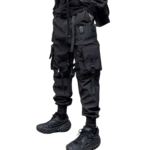 HaiZi XiHuan Men's Functional Style Paratrooper Tactical Cargo Techwear Pants Punk Streetwear Goth Pants(Black,2XL)