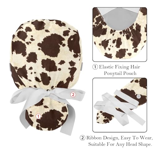 Image of 2 PCS Bouffant Cap with Button Ponytail Pouch Working Cap Sweatband Adjustable Surgical Cap Black and White Cow