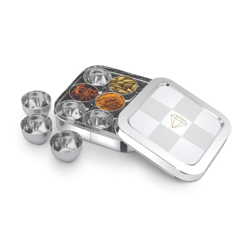 Expresso Stainless Steel Square Classic Spice Box Masala Dabba with Nine Inner Cups, Food Safe Kitchen Storage Condiment 9 Partition 18.5 X 6 cm _Small