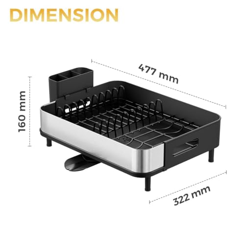 Image of Favria Dish Drying Rack - Space-Saving Dish Rack for Kitchen Counter, Anti Rust Kitchen Drying Rack, Compact Dish Drainer Organizer with Utensils Holder (47 x 32 x 16 cm) (Stainless Steel Black)