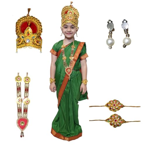 Image of Kaku Fancy Dresses Devi Laxmi Green Saree for Girls | Ready to Wear Saree | Mythological Godess Costume with Accessories - 3-4 Years