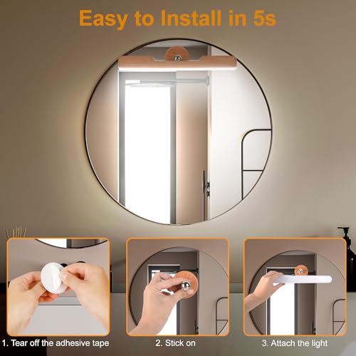 Image of Benreom 2 Pack Vanity Lights for Mirror with 4000mAh Rechargeable Battery, Touch Control Dimmable Makeup Light with 3 Color Modes, Magnetic 360 Adjustable LED Bathroom Mirror Light, Light Wood