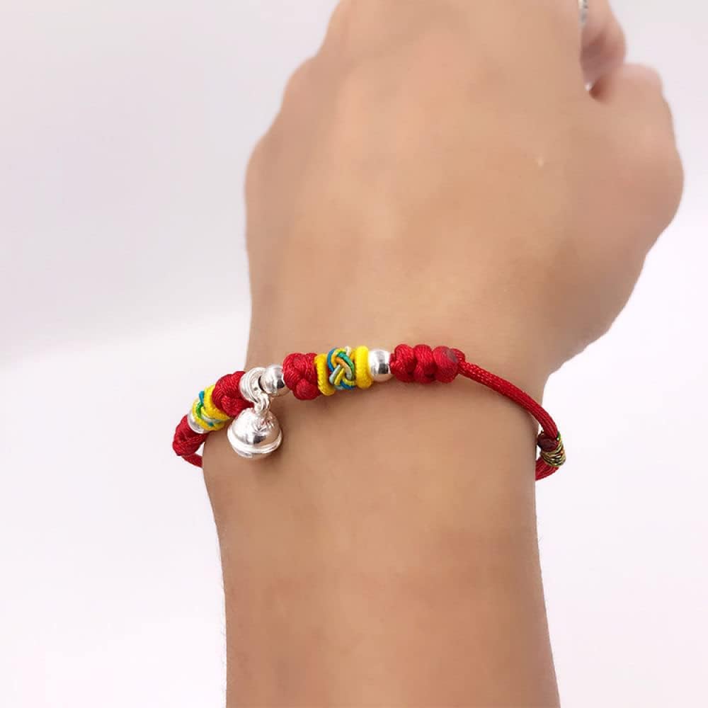 Bracciale Rigido in Argento for Donna, Bracciale Intrecciato in Corda Rossa con Ciondolo Campana in Argento S925 Braccialetti dell'amicizia Regolabili Gioielli Etnici tibetani fortunati