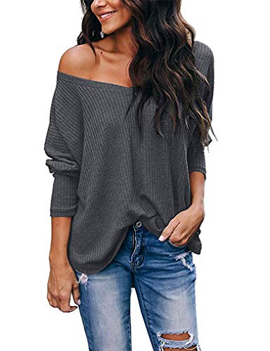 Womens Loose Blouse Long Sleeve V Neck Tops Waffle Knit Shirts Trendy Clothes Grey M