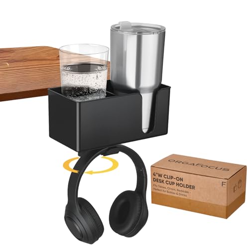 OrgaFocus 4-in-1 Clip On Desk Cup Holder - Adjustable Mountable Cup Holder with Divider & Rotating Hook - Large No Spill Clamp On Drink Holder Attachment - for Desk Chair Table Bed Tray - Black