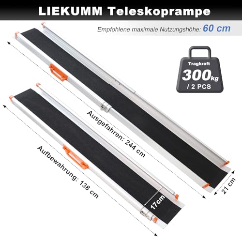 LIEKUMM 2 x 138–244 cm Rollstuhlrampe für Treppen, 300 kg Tragkraft Rollstuhlrampe für Rollstuhl & Scooter, Auffahrrampe für Türschwellen, Bordsteine, Stufen, Elektro-rollstühle, Fahrräder