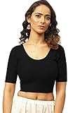 Fressia Fabrics Round Neck Dobby Cotton Lycra Stretchable Elbow Sleeve Readymade Saree Blouse for Women Stylish Black