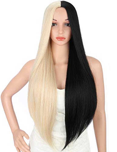 Sotica 28" Cosplay Wigs for Women Half Blonde and Half Black Color Middle Parted Long Silky Smooth Straight High Temperature Synthetic Full Hair Wigs - Thumbnail 6