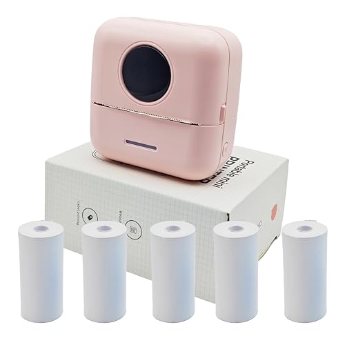 Image of Mini Portable Printer Inkless Sticker with 5 Rolls Paper Bluetooth Mini Smart Pocket Portable Receipt Inkless Thermal Printer for iOS&Android Pink