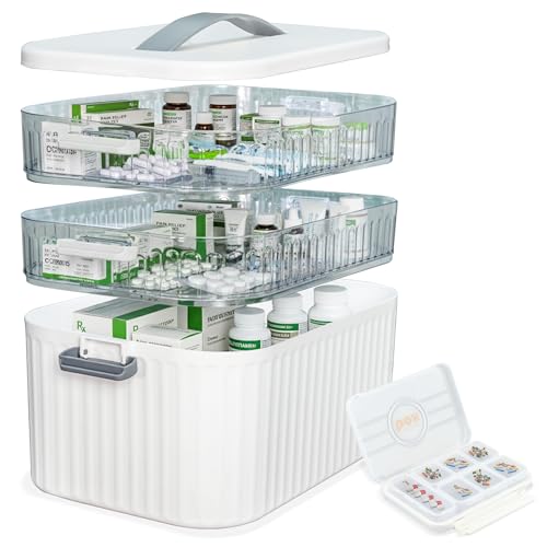 BAXLINE Multi-Tier Medicine Storage Box with Handle | Portable First Aid Organizer for Home, Office & Travel | Large Pill Storage Cabinet with Bonus 7-Day Pill Case (3-Tier & 4-Tier Variants) (3-Tier)