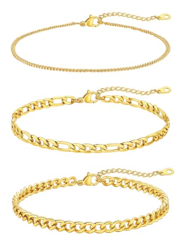 Image of FaithHeart Waterproof Ankle Bracelets for Women, 1 /2 /3Pcs Non Tarnish Stainless Steel Layered Anklet Set Paperclip Figaro Cuban Link Chain Dainty Summer Beach Jewelry Gift Adjustable Size