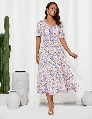 Image of GRACE KARIN 2025 Women's Summer Floral Flowy A Line Midi Dresses Elegant Short Sleeve Smocked V-Neck Tiered Dresses