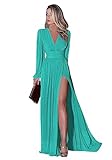 Miao Duo Women's Pleated Chiffon Split Prom Dress Long with Pockets Long Sleeve Formal Party Gowns with Pockets for Wedding Guest Turquoise 12