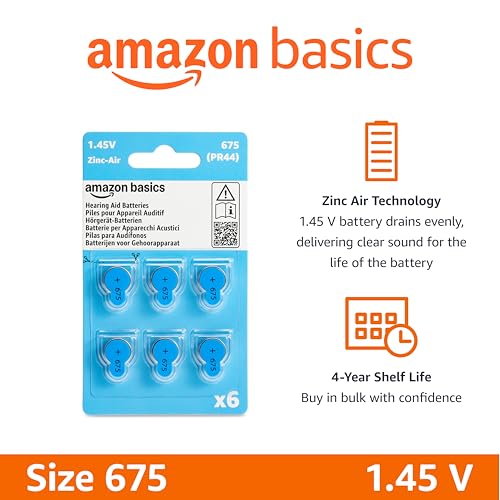 Image of Amazon Basics 60-Pack Size 675 Zinc-Air Hearing Aid Batteries, 1.45 Volt, Blue Tab, 4-Year Shelf Life, Mercury Free, Child-Safe Package (Use Scissors to Open)