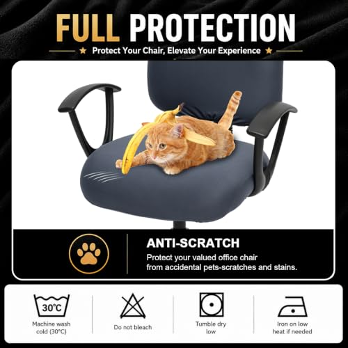Image of Stretchable Desk Office Chair Seat Covers - Universal Stretch Computer Chair Slipcover - 180GSM Washable Rotating Backrest Coverings & Cushion Protectors for Dogs, Cats, Pets, Dark Gray