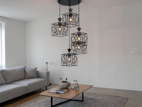 Image of Prop It Up Modern 5-Light Cluster Pendant Light | Industrial Geometric Metal Hanging Ceiling Lamp | Multi-Light Chandelier for Living Room, Dining Area, Staircase | E27 Holder (Black Finish)