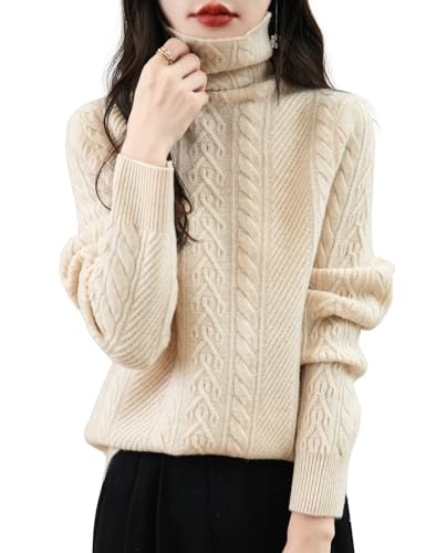 Women's 100% Merino Wool Turtleneck Sweater 2025 Fall Winter Long Sleeve Solid Cable Knitted Pullover Sweater