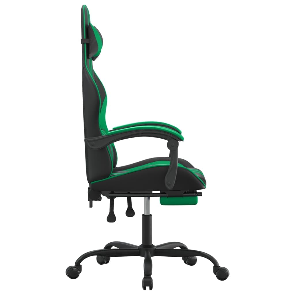 Krzesło gamingowe z podnóżkiem i funkcją przechylania, obrotowe, ergonomiczne krzesło biurowe ze sztucznej skóry, czarno-zielone, z regulacją wysokości, z podłokietnikami, zagłówkiem i
