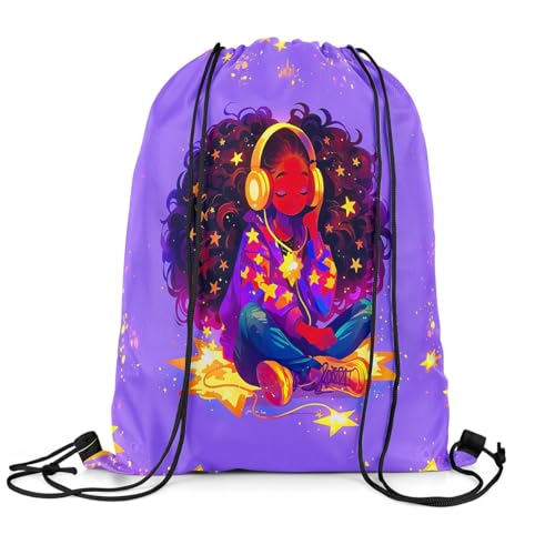 Image of jejeloiu Cute Black Drawstring Backpack 13x15.7inch African American Waterproof Gym Drawstring Bags Music Sports String Backpack Beach Swim Travel Bag Sackpack(No Glitter