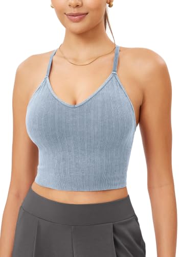 Image of ODODOS Seamless Padded Sports Bra for Women Strappy Longline Wirefree Brami Ribbed Crop Tank Tops