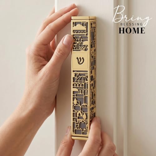 Image of SURI Mezuzah for Door with Scroll, 7 Inch Gold and Gray Mezuzah Case with Non Kosher Scroll Inside, Fits a up to 6 Inch Scroll, Includes Adhesive and Gift Box