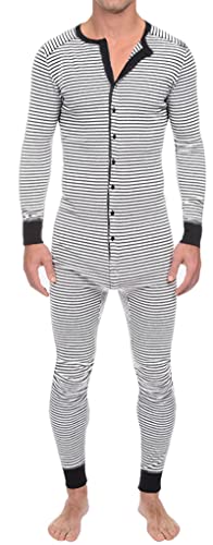 Aieoe Men’s One Piece Pajamas Stretch Long Sleeve Onesie Jumpsuit Striped Soft Union Suit Button Down Lounge Romper Breathable Knit Crew Neck Sleepwear White M #TOP25