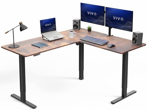 VIVO Corner Standing Desk, 63 x 55 inch Reversible L-Shaped Workstation, Electric Height Adjustment, Home, Office, and Reception Rooms, Rustic Vintage Brown Table Top Black Frame, DESK-E3CTN