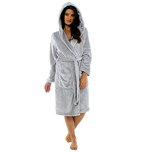 Women's Plush Fleece Robe with Hood, Hooded Women Soft Spa Long Bathrobe,Comfy Full Length Warm Nightdress (Gray, XL)