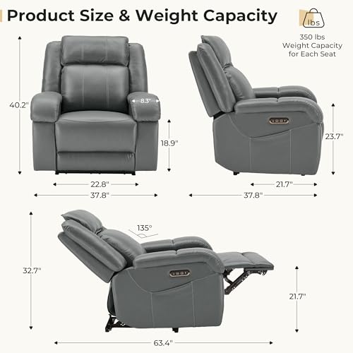 Image of SITJOY Pet Friendly Leather Power Recliner Chair, Zero Wall Hugger RV Recliners with Power Headrest, Charging Ports, Side Pockets, Down-Filled, Scratch Resistant Waterproof Faux Leather in Gray