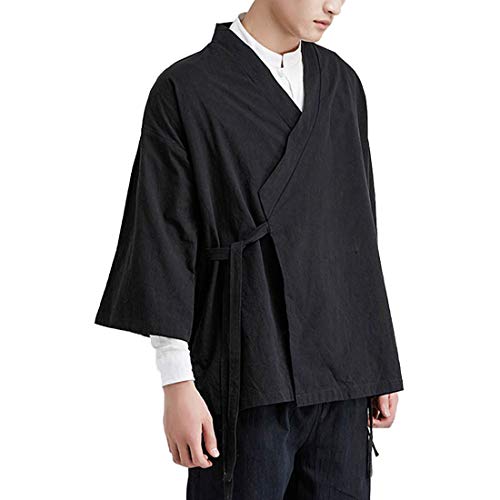 Men's Vintage Kimono Cardigan Cotton Linen Wrap Front Japanese Jinbei Haori Jacket Loose Fit Solid Color Hanfu Top Cover Up